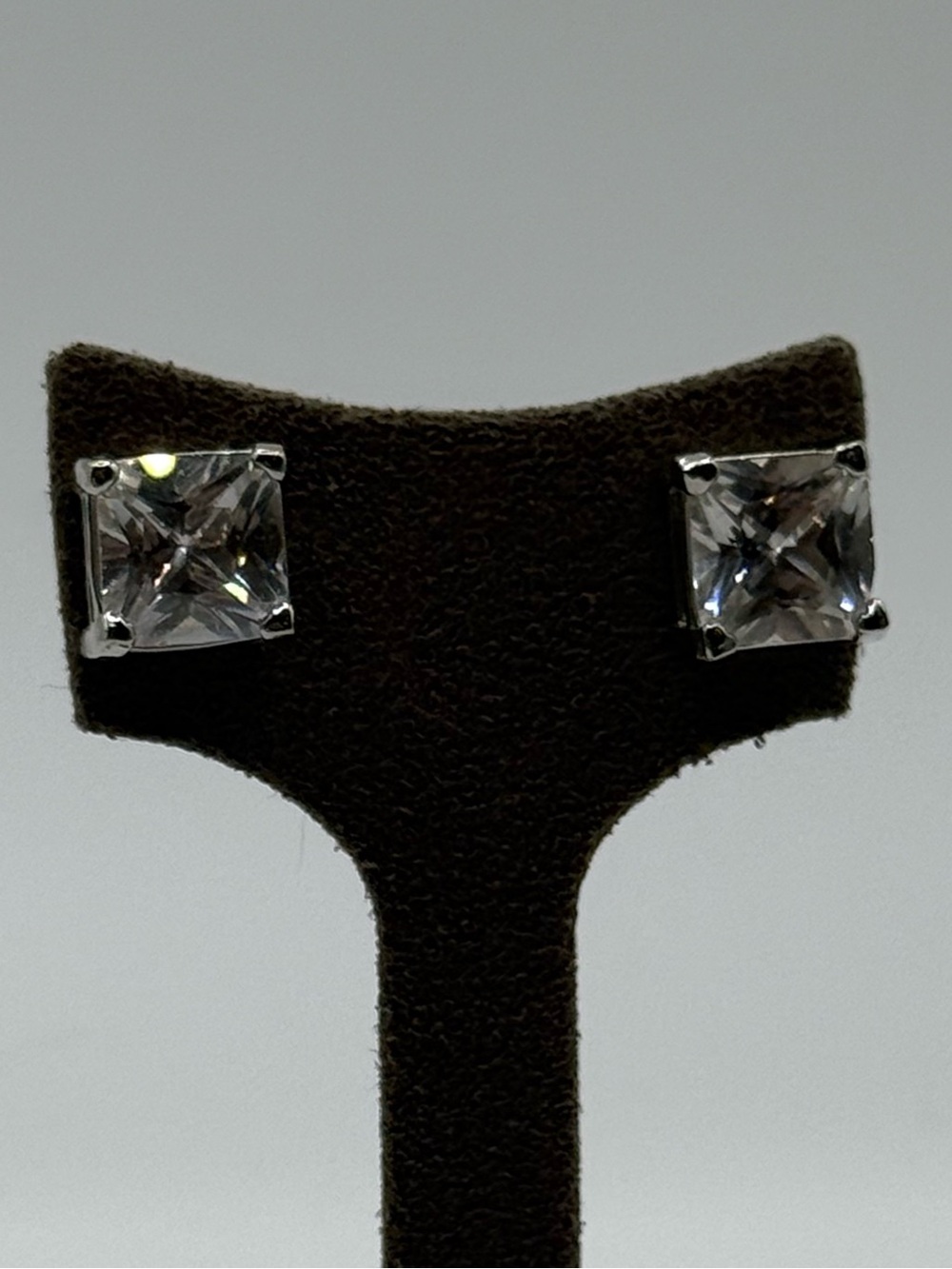 Clear Square Stud Earrings Silver Tone